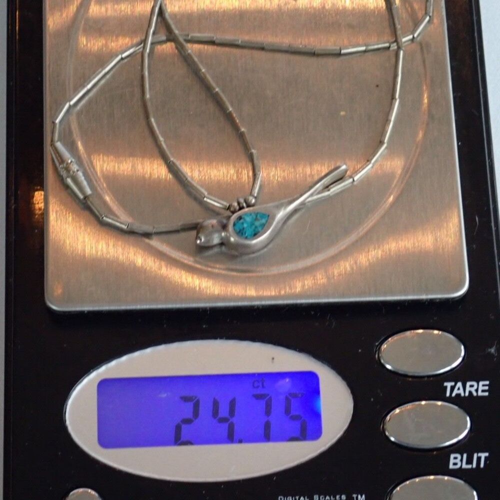 Zuni Native American Sterling Silver Turquoise Chip Bird Pendant Necklace 15" - Picture 9 of 16
